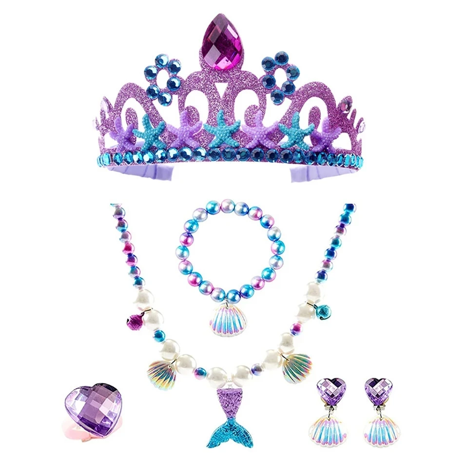 Mermaid Accessories for Girls Sea Theme Jewelry for Cosplay Dress Up Princess Gloves Crown Wand Neacklace Bracelet Earrings Bag