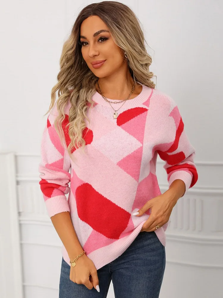 

Autumn Women O-Neck Ruffles Sweater Long Sleeve Knitted Bottoming Valentine's Day Printing Pullovers Women Casual Sweater Winter