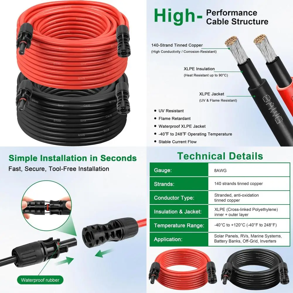 

Solar Extension Cable 8AWG 30FT 2-Pack (Red + Black), PV Wire with Male/Female Solar Connectors, Weatherproof Solar Panel Wire f