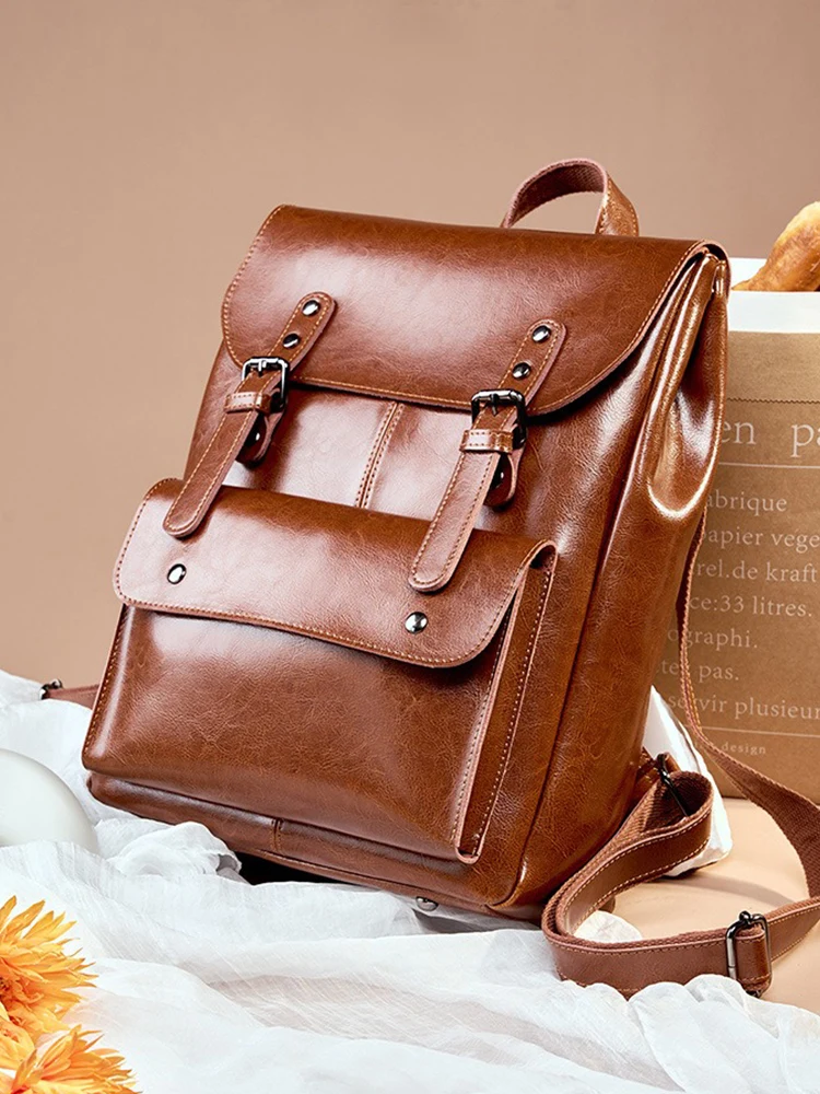 Zency England Style Genuine leather Women Travel Backpack Large Capacity For 14 inch Laptop Preppy Style Rucksack Wear Resistant