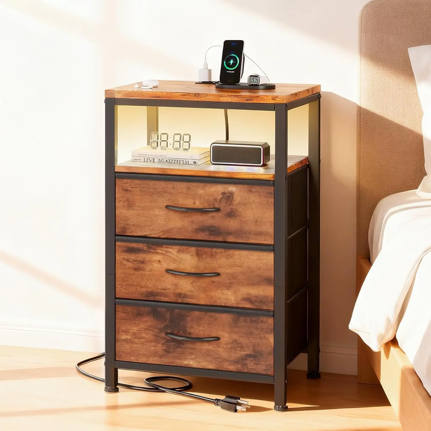

Nightstand with Charging Station, Bedside End Table with 3 Fabric Drawers & USB/Type-C Ports and Outlets, Night Stand for