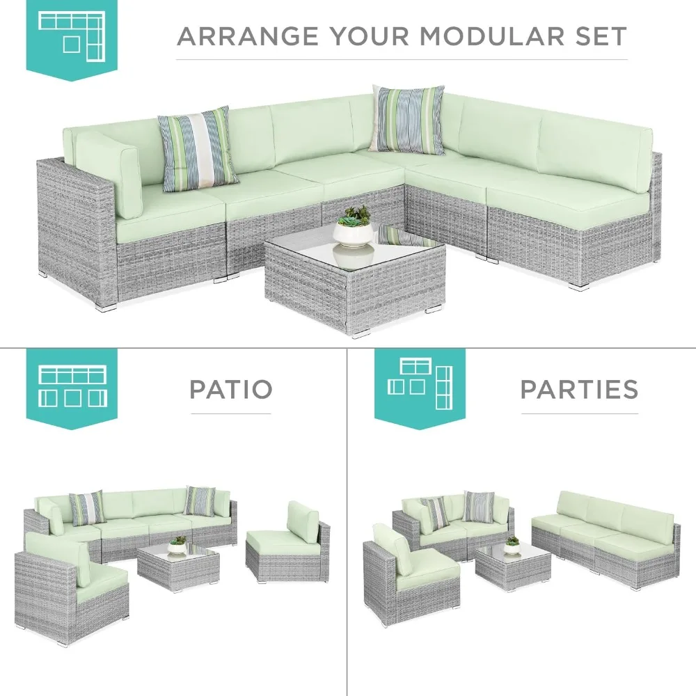 7-Piece Modular Outdoor Sectional Wicker Patio Conversation Set W/ 2 Pillows Cafe Table and Chair Set for Coffee Furniture Mesas