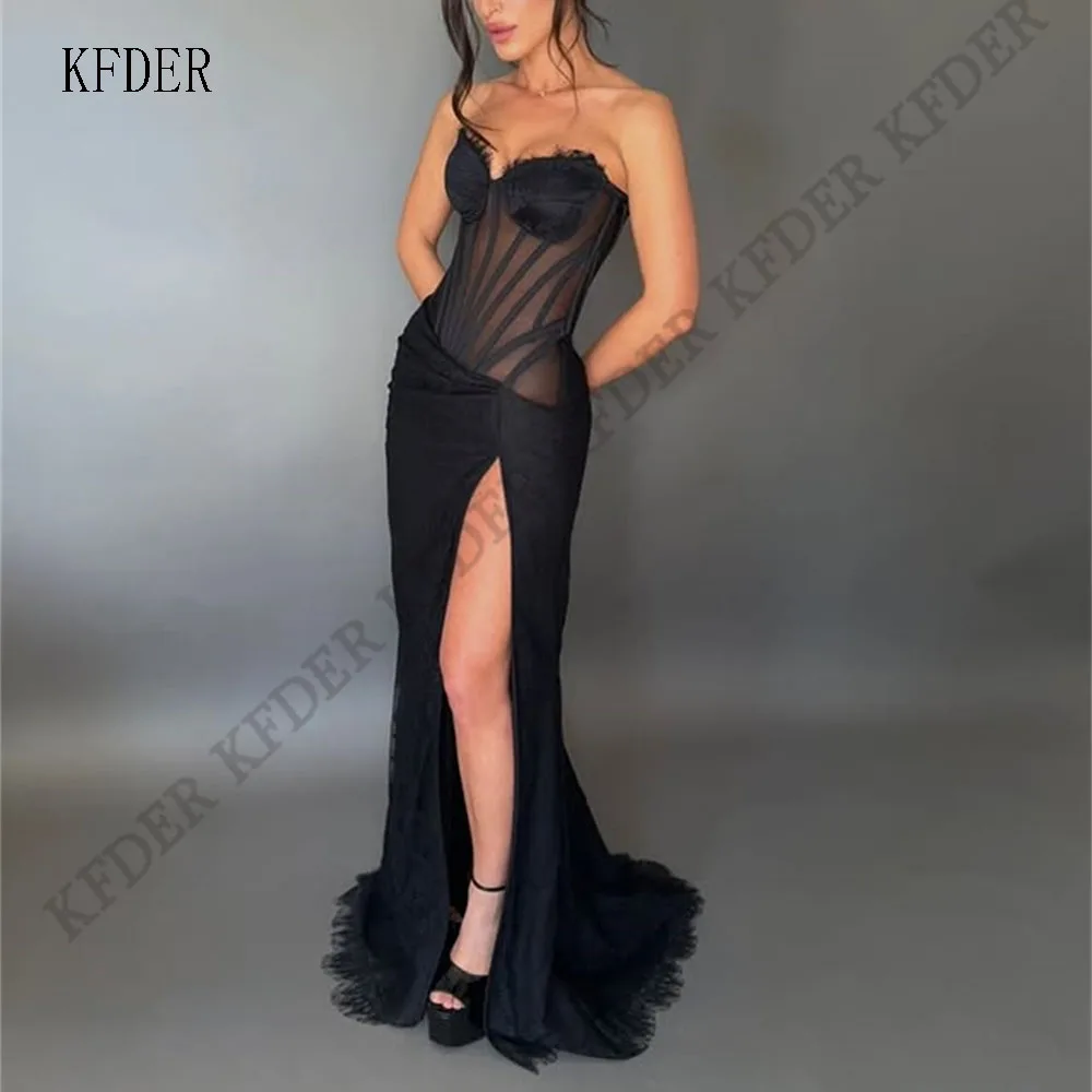 Black Lace Customized Fashion Jersey Formal Evening Gowns Mermaid Strapless Corset Bodice Prom Dresses Floor-Length Pastrol