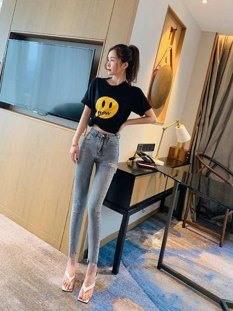 

Fashion High Waist Skinny Jeans Women's Slimming Ripped Denim Pants Summer Light Blue Ankle-Length Tapered