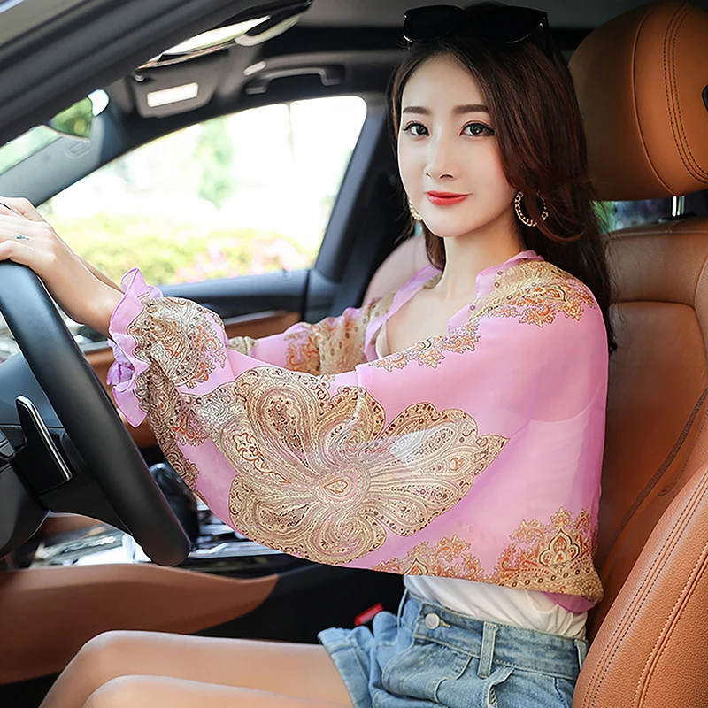 Summer Sun Protection Beach Shawl For Women Girls Print Flower Sunscreen Riding Arm Shade Scarf Outdoor Cycling Driving Sleeve