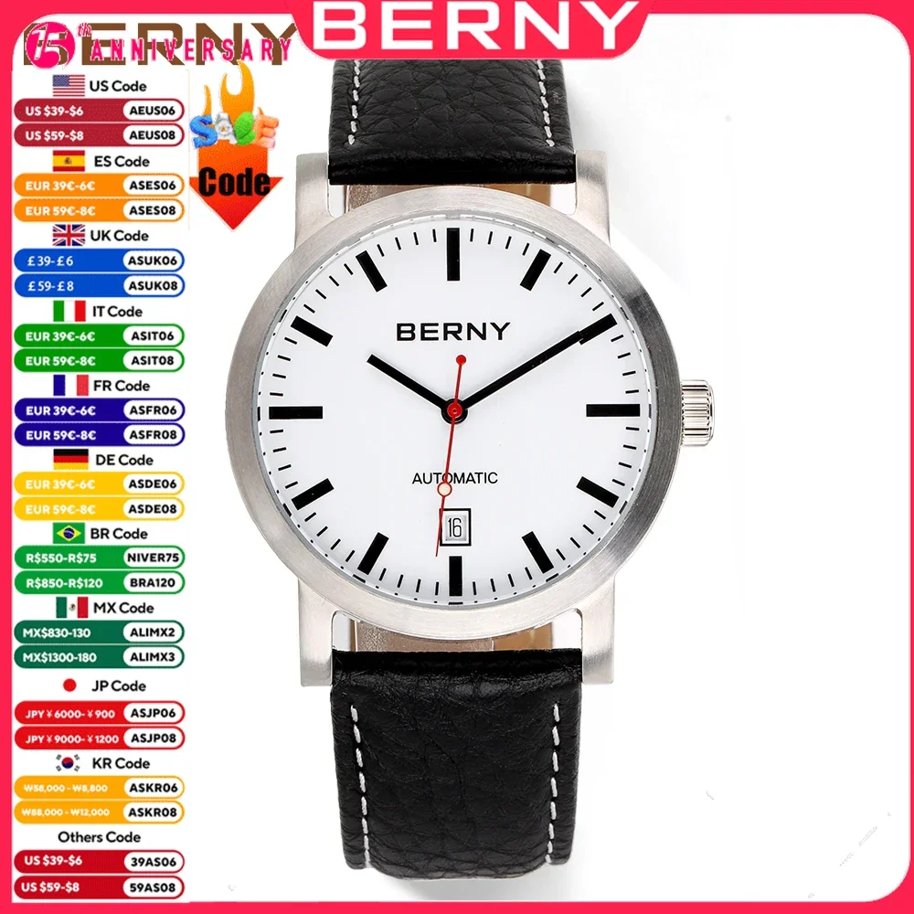 BERNY Watch for Men Mechanical Automatic Watches Seagull Luxury Brand Male Clock Water Resistant Swiss Railway Men's Wristwatch