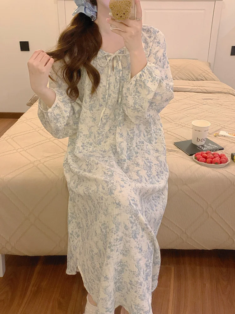 Lace Lazy Home New Cute Sweet Print Autumn Long Sleeve NightDress Women Korean Style  Loose Ink and wash  Comfortable Sleepwear