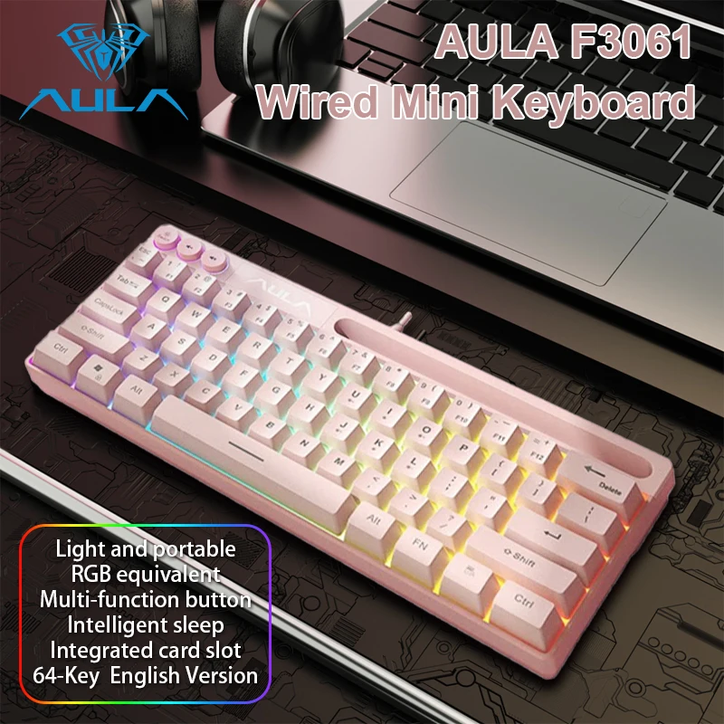 AULA 유선 미니 키보드, RGB 백라이트, 기계식 터치 데스크탑 컴퓨터 노트북 게임 키보드, F3061