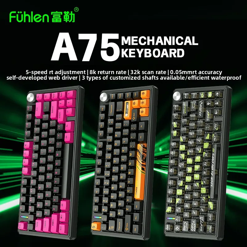 Fuhlen A75 Magnetic Axis Gaming Keyboard 8K Low Latency Hot Plug RGB Waterproof PCB Multi-function Knob Gamer Keyboard