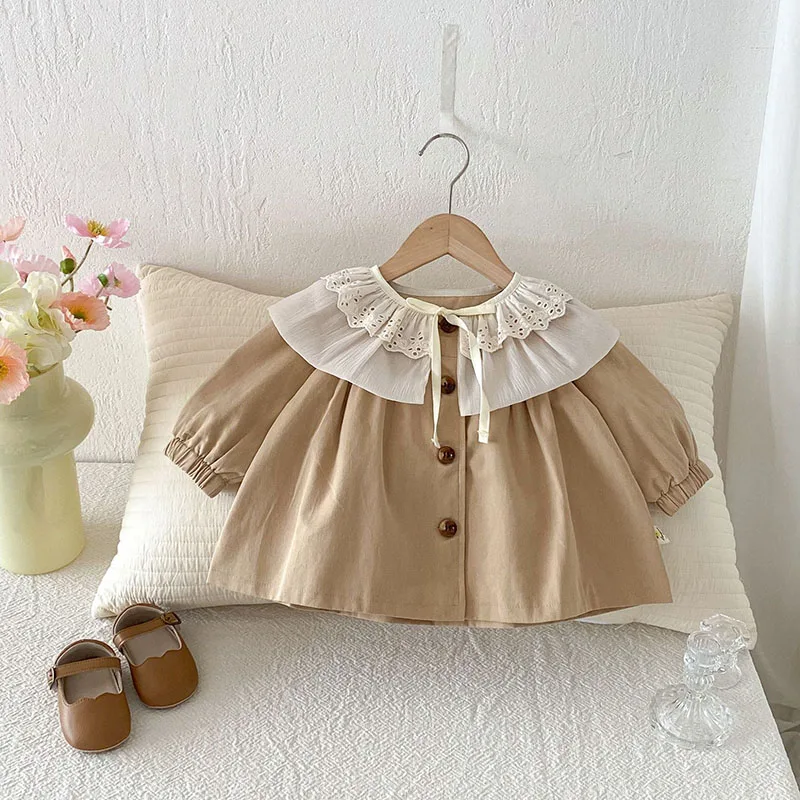 LILIGIRL New Spring Baby Trench Coat 9M-4T Double Lace Collar Toddler Girls Jacket Loose Thin Kids Clothes Sweet Children Tops