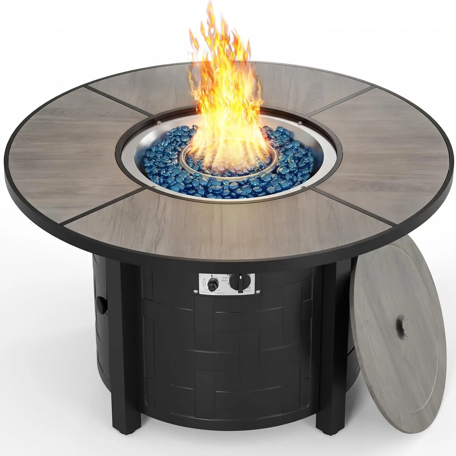 

42in 50000BTU Round Fire Pit Table with Lid Convertible Patio Coffee Table Waterproof Cover Blue Fire Glass Grey Customized