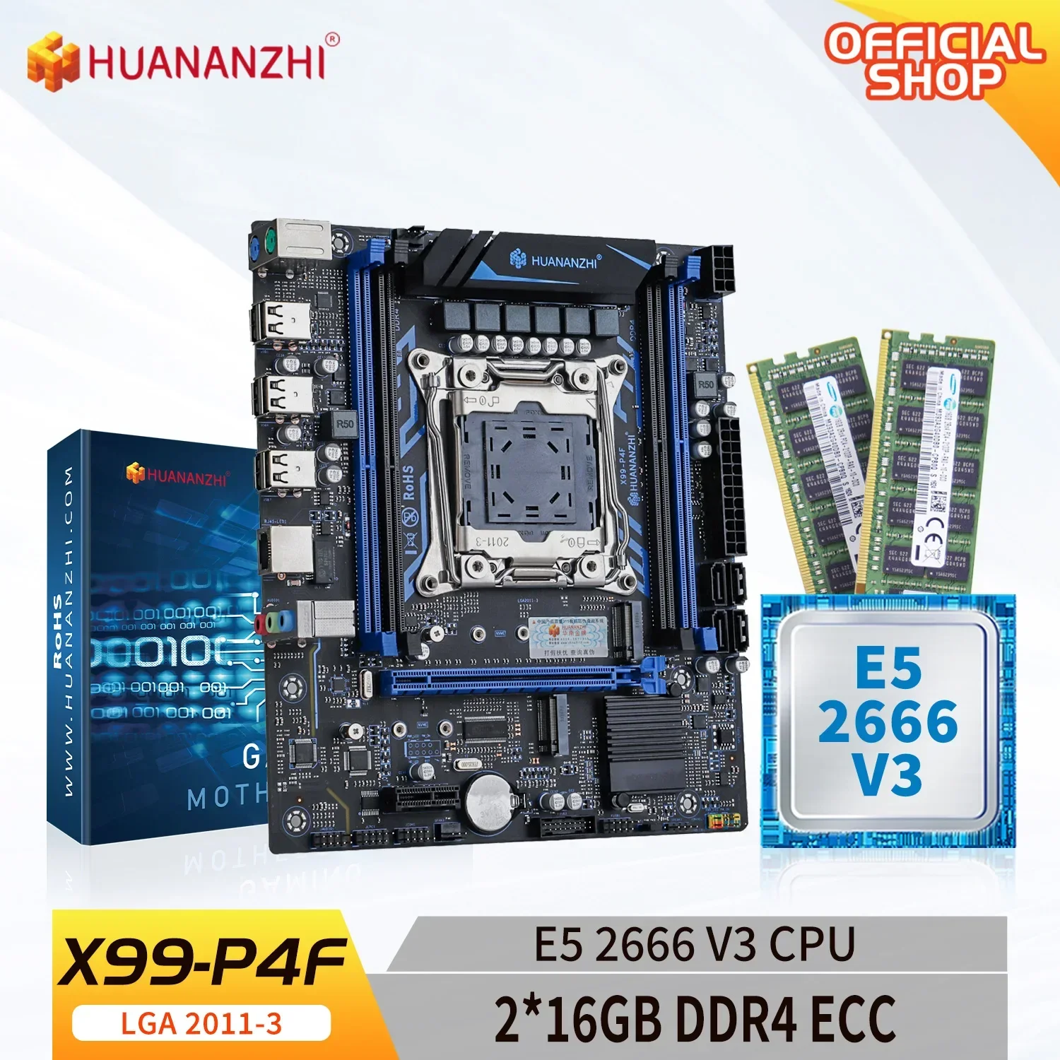 

HUANANZHI X99 P4F LGA 2011-3 XEON X99 Motherboard with Intel E5 2666 V3 with 2*16G DDR4 RECC Memory Combo Kit Set NVME