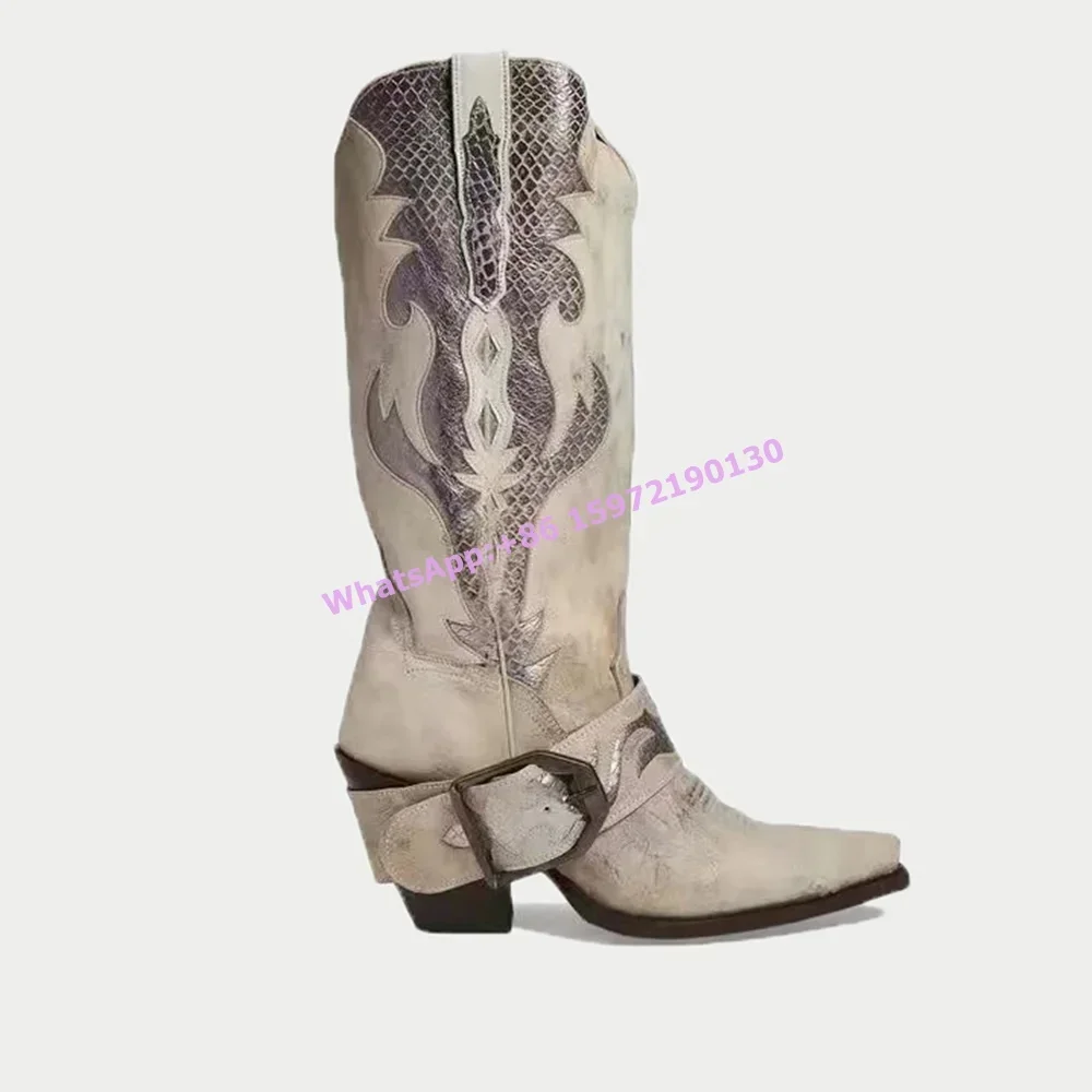 

Patchwork Retro Modern Boots Snakeskin Buckle Belt Western Style Cowgirls Boots Fashion Chunky Heels Sewing Knee High Boots 2025
