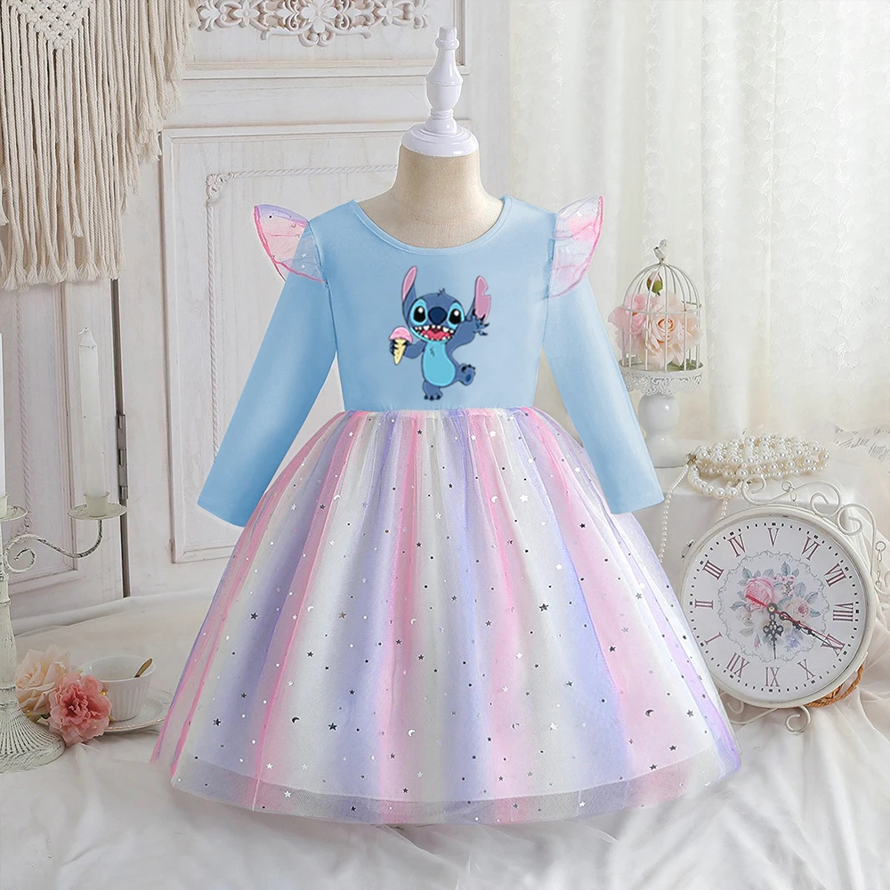 

New Baby Girls Dress Spring Autumn Stitch Princess Dress Disney Long-sleeved For Children Kids Clothes Birthday Party Rainbow
