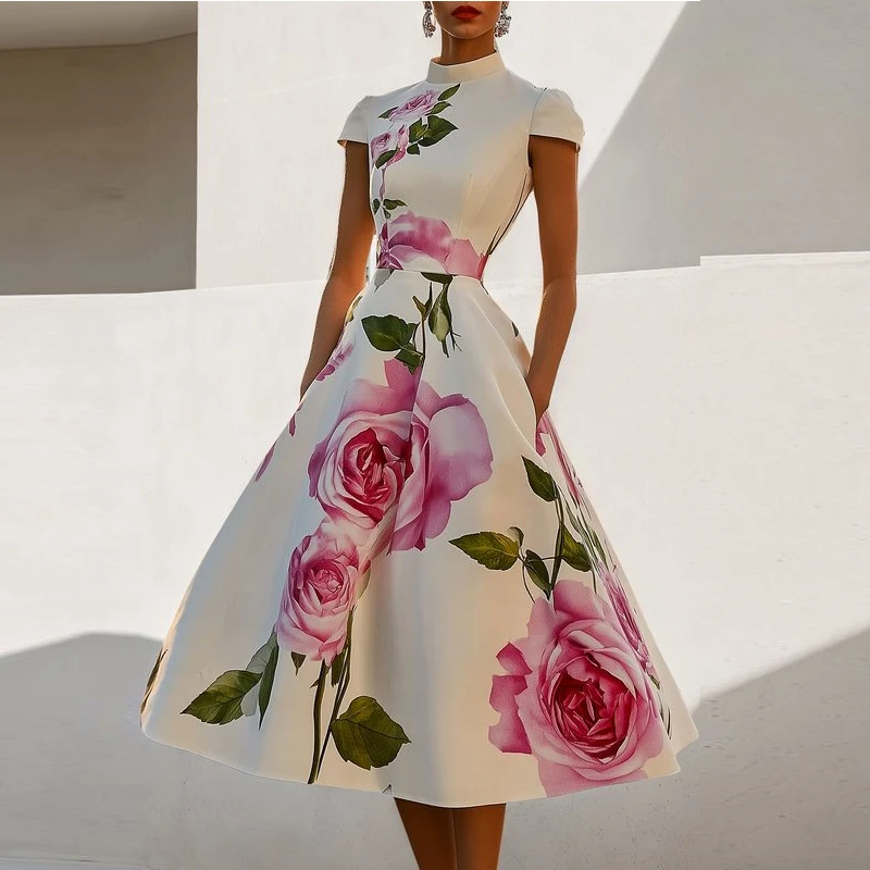 

Modigirl 2025 New Woman Flower Print Midi Dresses Summer Skinny Stand Collar Elegant Vintage Romantic Evening Dress for Women