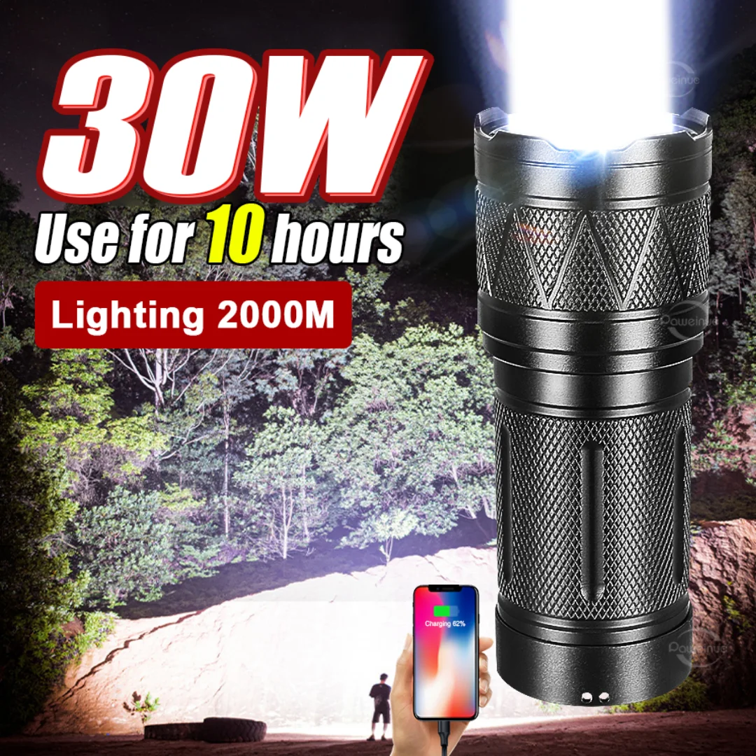 

30W High Power White Laser Flashlight 2000m Rechargeable 6000mAh Torch Outdoor Light Camping Lantern