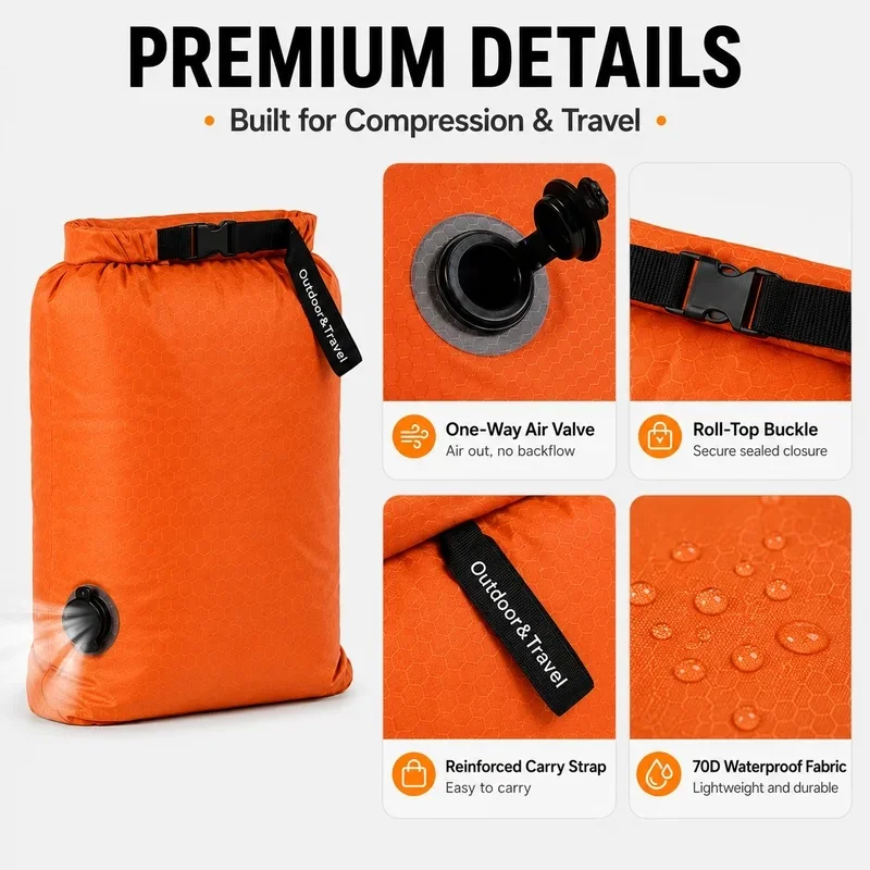 Travel Vacuum Compression Storage Bag 70D TPU Waterproof Roll-Top Travel Organizer with One-Way Air Valve for Camping Clothes