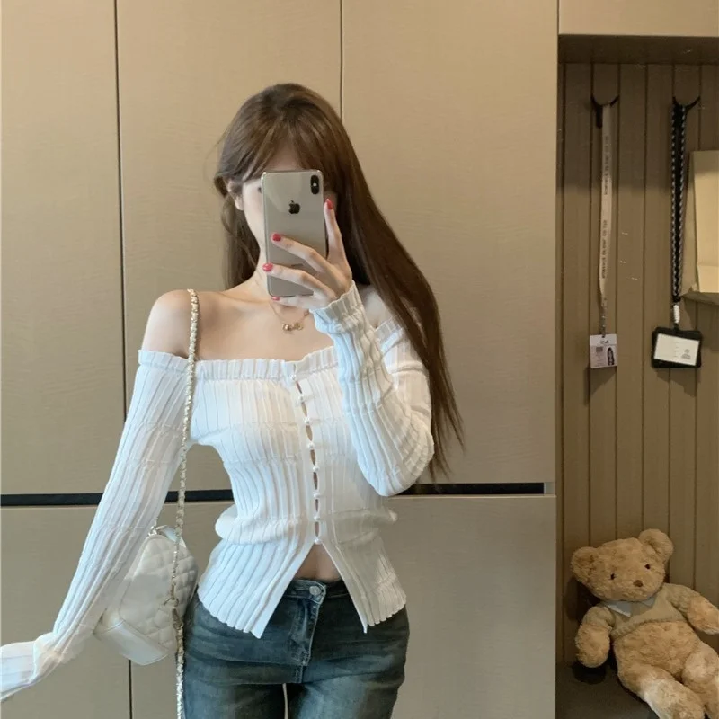 Slim Fit tricots perle bouton une épaule Design Ele Sle femmes Faion automne hiver nouveauté couleur filles