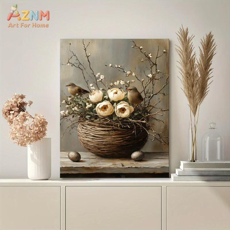 AZNM Unframed Canvas Print Vintage Floral Bird Basket Oil Painting Wall Art Neutral Farmhouse Home Decor Poster