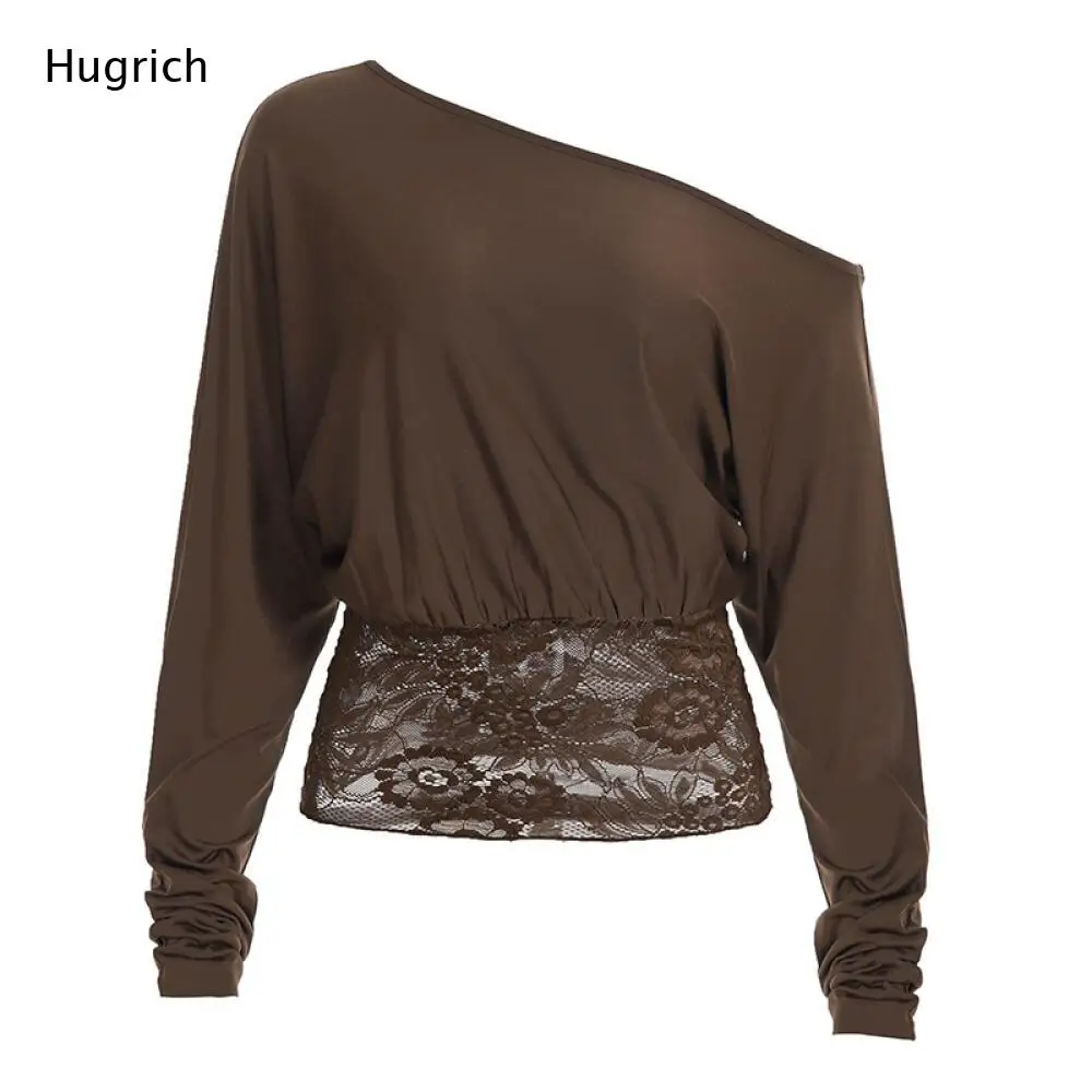 Women's Long Sleeve Diagonal Shoulder Blouse Lace Waist Splicing Slim Cropped Design Casual Daily Bar Party Fashion Top