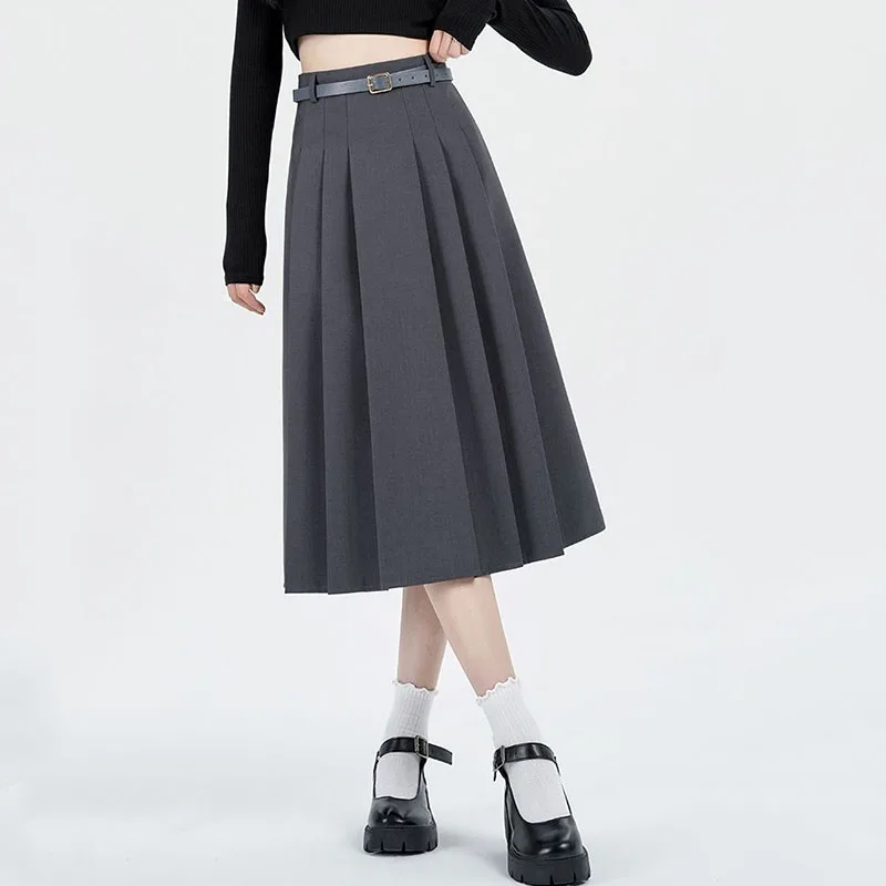 Lucyever Black Gray Pleated Skirt Women 2025 Summer Preppy Style High Waist A-Line Skirts Girl Korean Streetwear Long Skirts