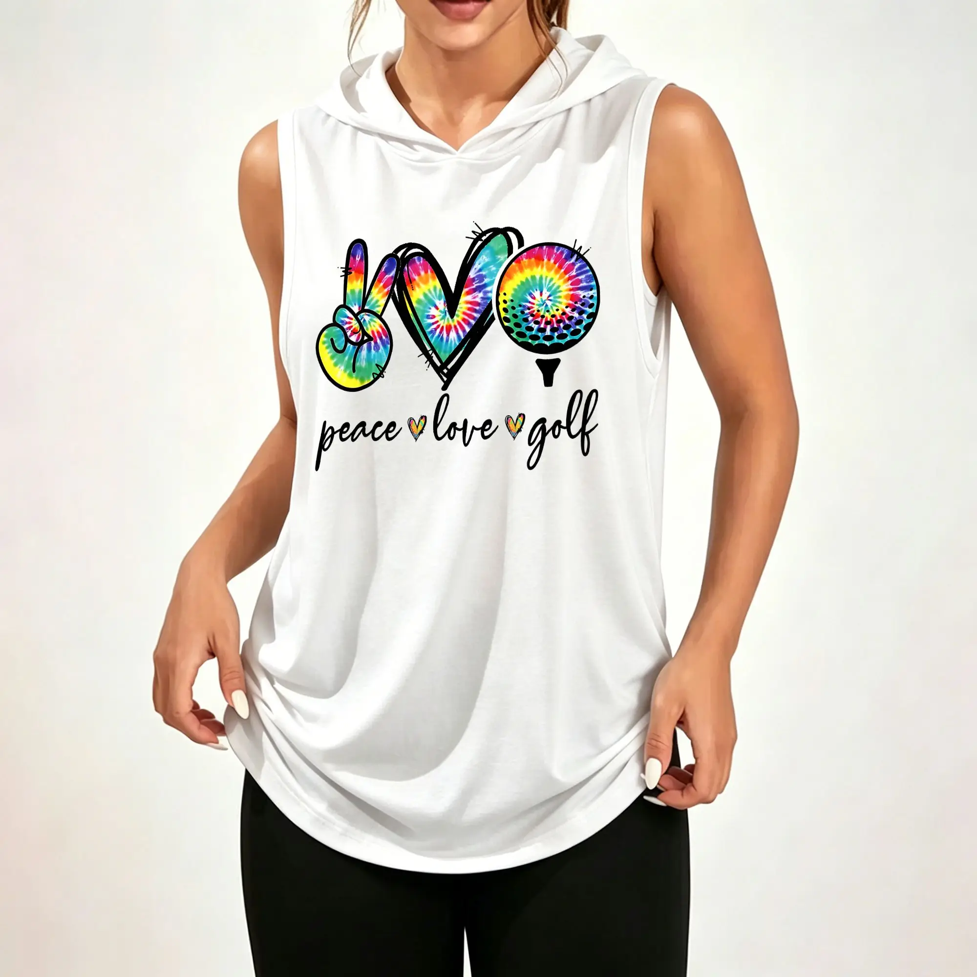 Women Sleeveless Hooded Tank Top, Tie‑Dye Peace Love Golf Graphic Print Casual Loose Hooded Sleeveless Top ****