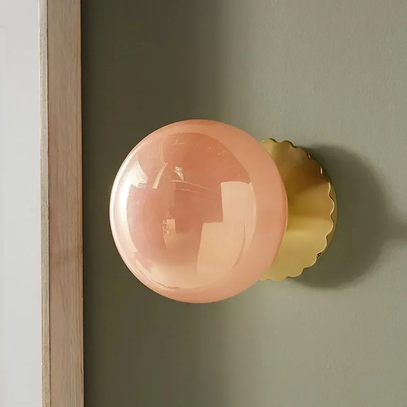 

Nordic LED retro glass wall lamp pink pearl bedside decorative lamp living room hallway coffee room lighting fixture