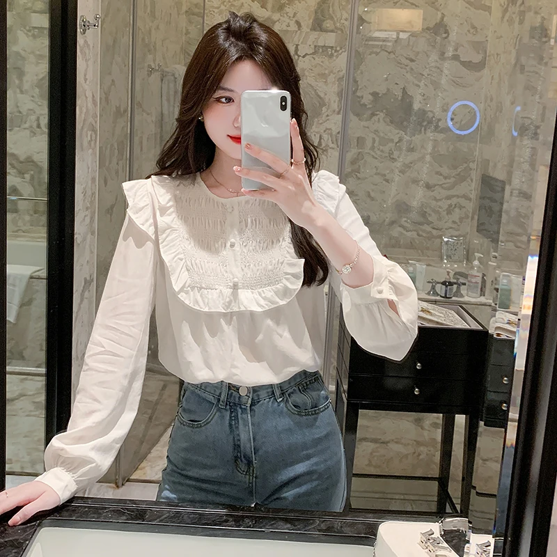 MadBlack-Damen-europäisches Hemd, sexy O-Ausschnitt, Rüschen, Patchwork, modische, langärmlige, lockere S-2XL-Bluse, 2026 Frühjahrsneuheit T5D810CC