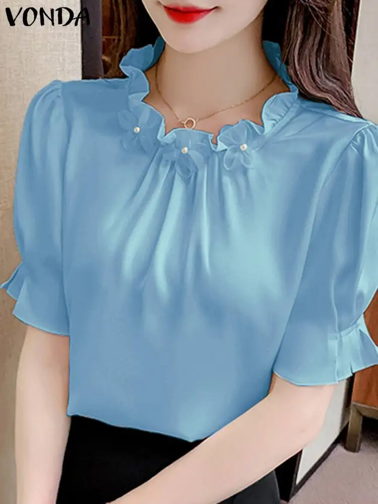 VONDA Summer Ruffled Blouses Women Fashion Elegant Short Puff Sleeve Shirts Tunic Top 2024 Casual Loose Solid Color Blusas Femme