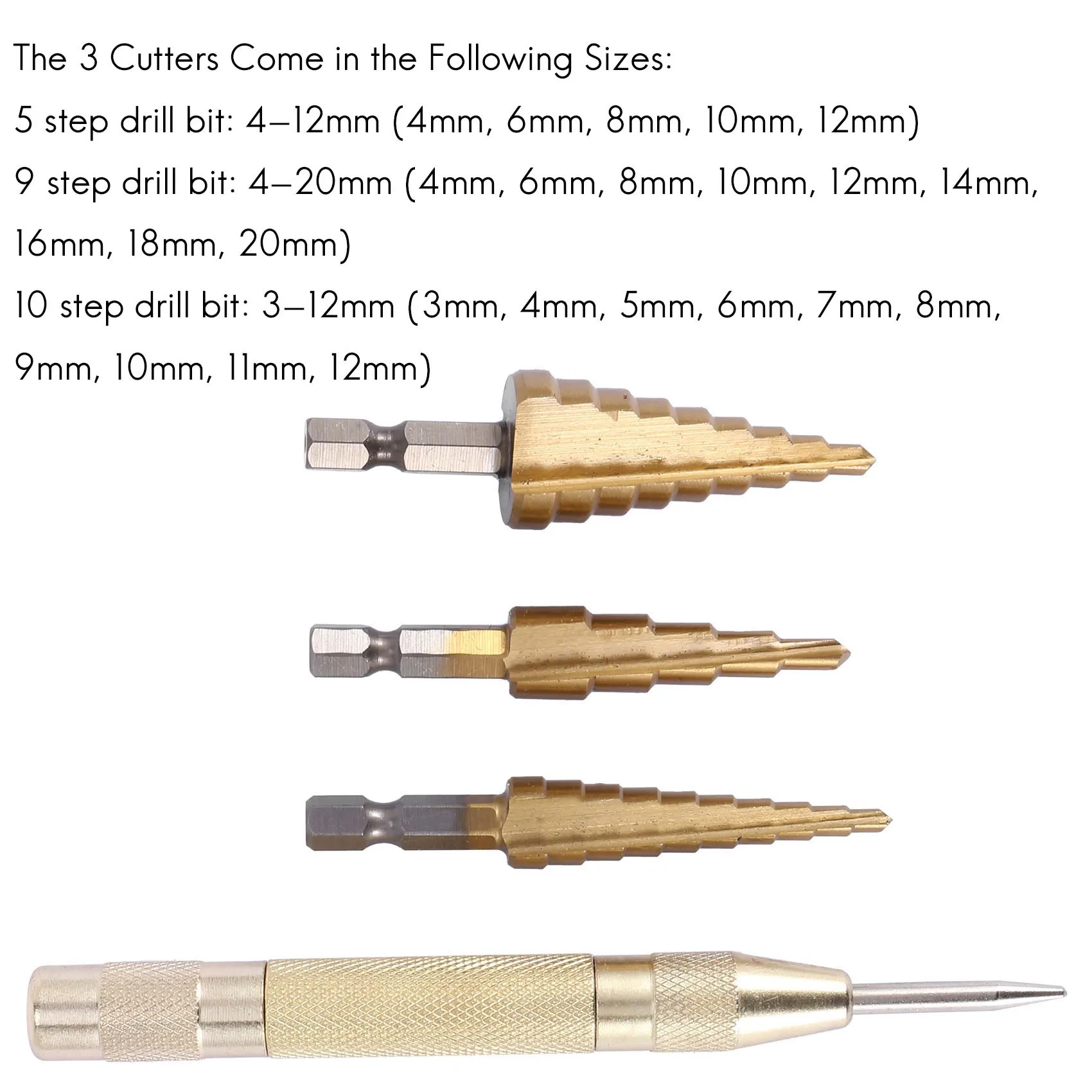 Conjunto de brocas passo de titânio HSS de 3 peças e 1 peça de perfuração central automática