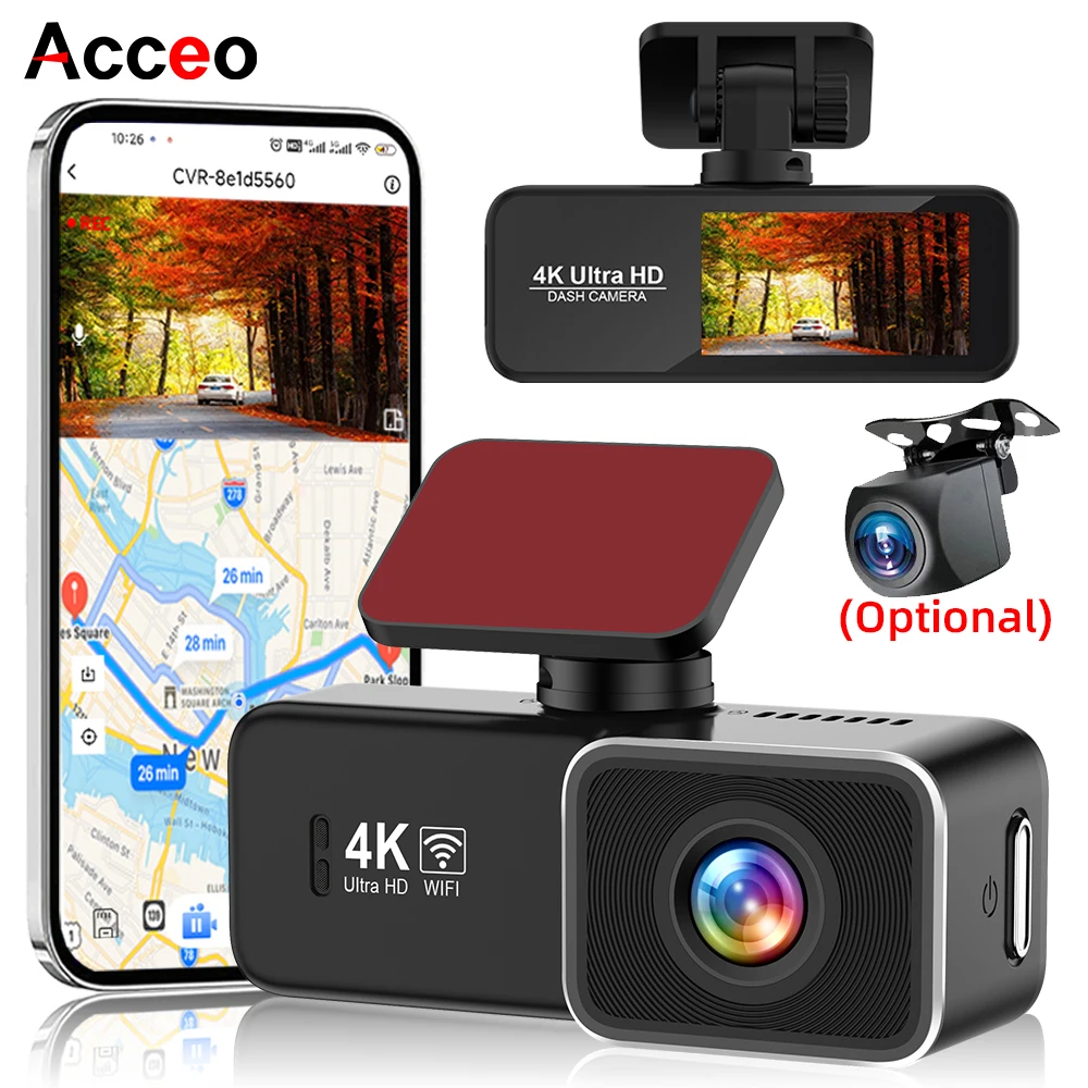 ACCEO 4K Ultra HD كاميرا سيارة ذكية واي فاي للرؤية الليلية 1080P كاميرا الرؤية الخلفية طقم سلك الصلب دعم وضع وقوف السيارات على مدار 24 ساعة