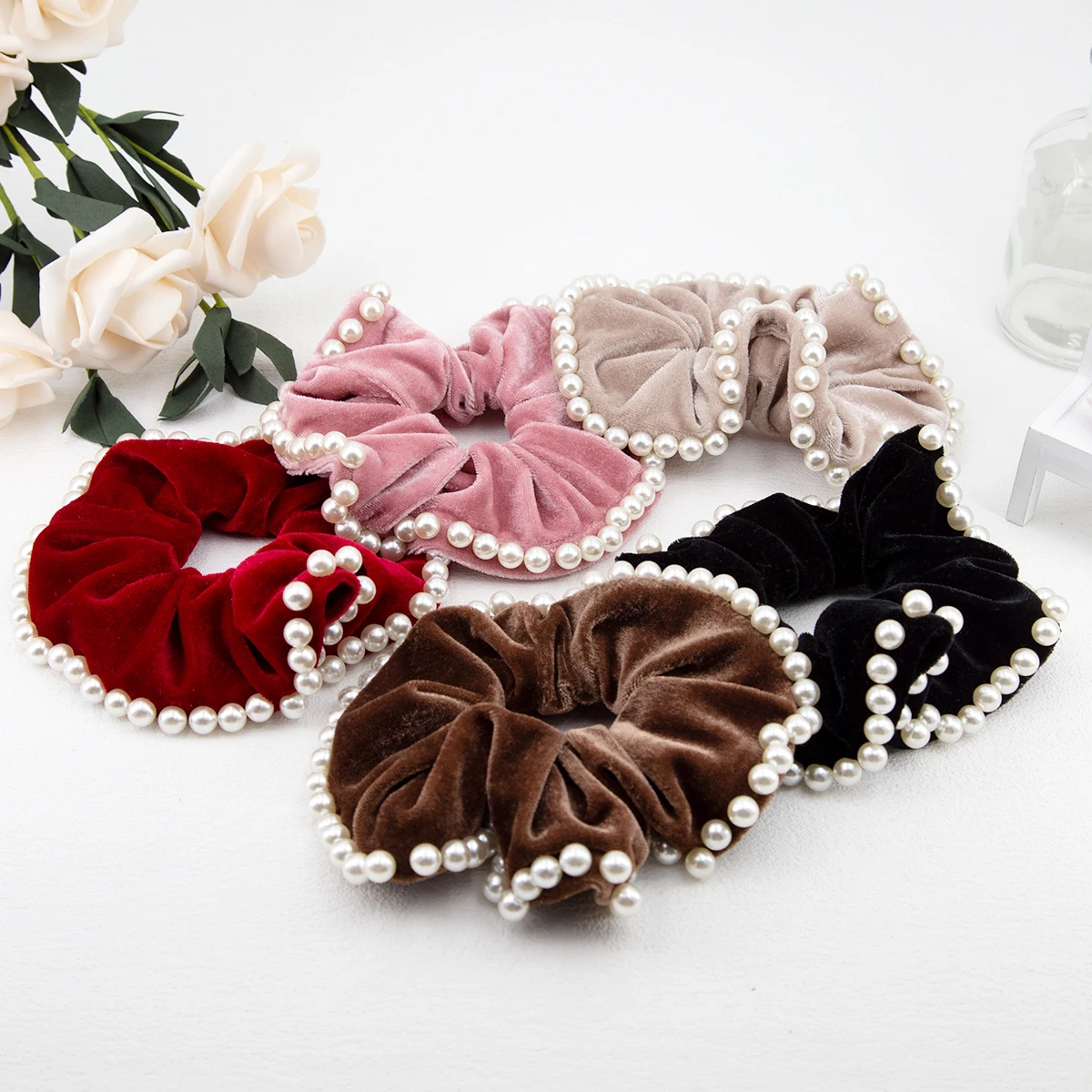14cmFrench Vintage Pearl Velvet Scrunchies Hair Tie Large Intestine Hairband Simple Elastic Hair Band Headwear Hair Accessories