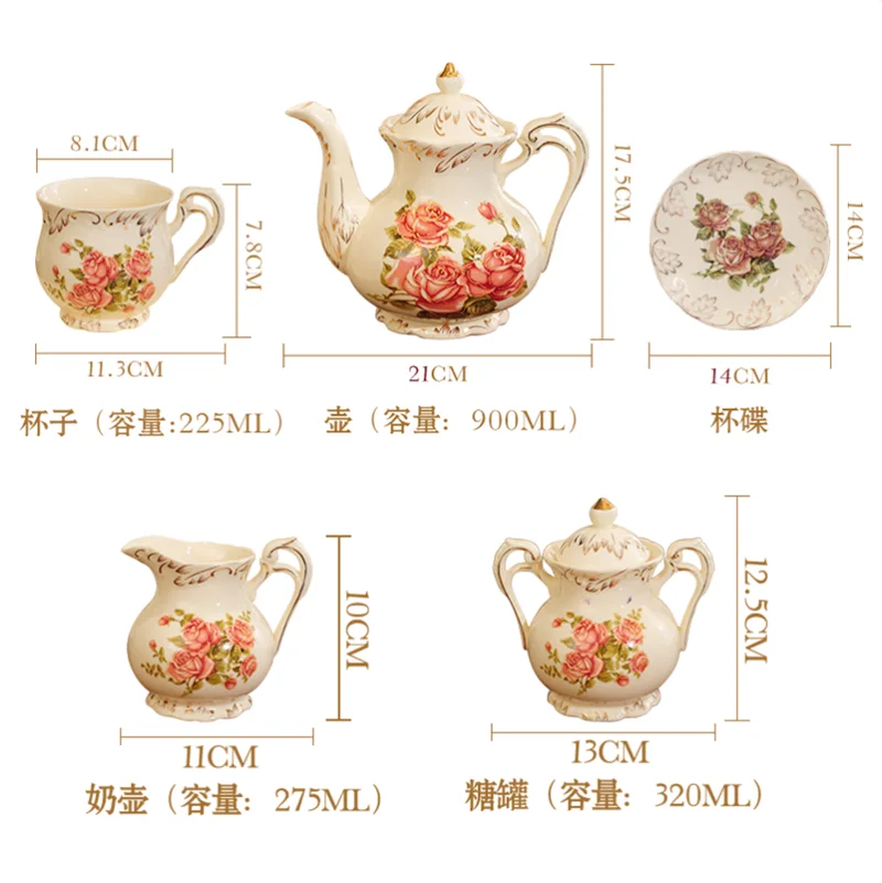 Rice Gold Rose Tea Set 800ml Bone China Teapot Coffee Cup Saucer Set Afternoon Tea Cup 225ml Drink Cup Kitchen Bar Supplies