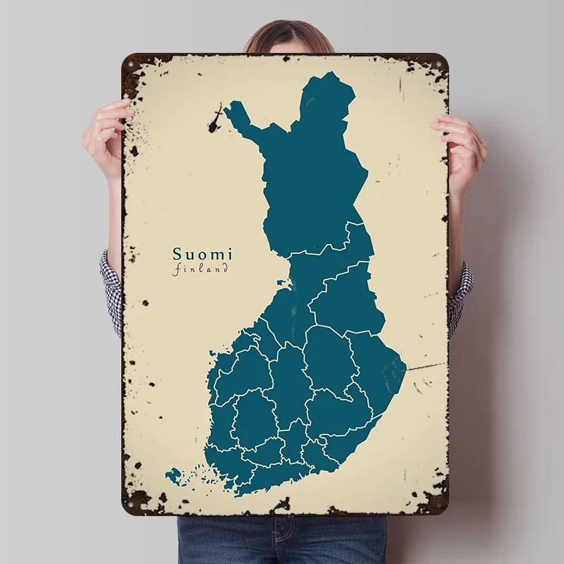 Finland Map With Regions Poster Customized Wall Art Vintage Metal Signs Retro Tin Plaque for Man Cave Home Decor Accessories