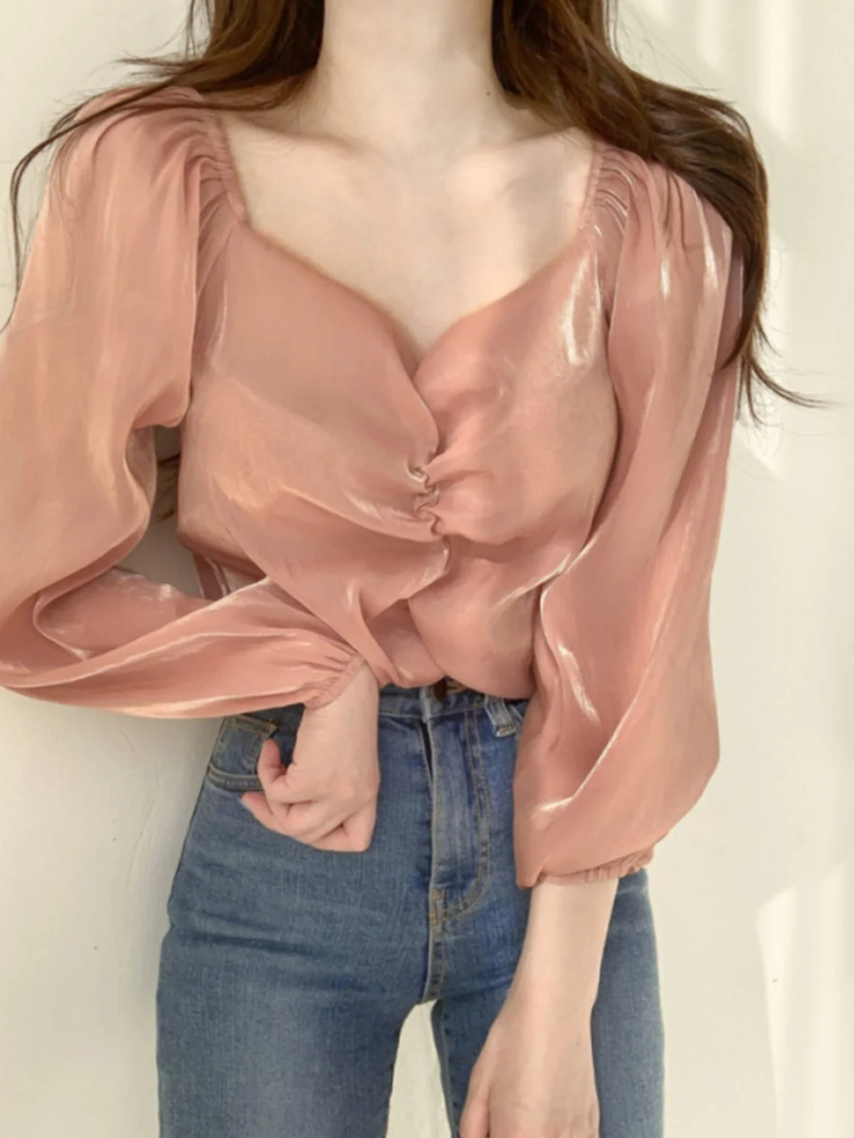 

Spring Women's Chic ort irt V-Ne Pleated Design Versatile Korean Sle Loose Fit Long Sve Pure Color Casual Wear