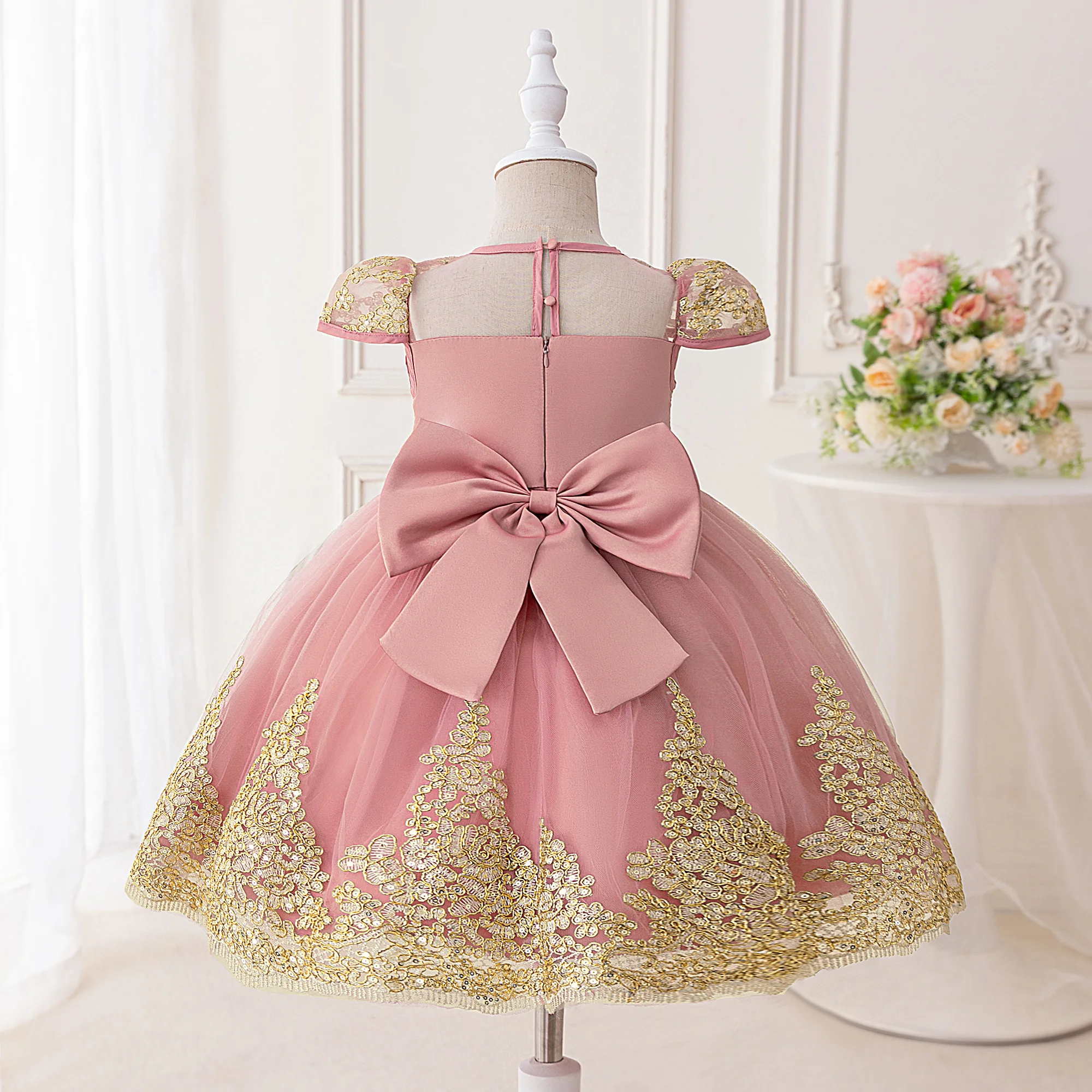 Elegant Flower Embroidery Bridesmaids Party Girls Dress Formal Birthday Princess Dresses For Girl Bow Wedding Evening Prom Gown