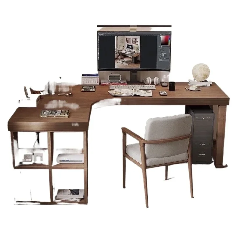 Solid wood corner computer desk, bedroom home desktop, bookshelf integrated double 7-shaped, corner desk