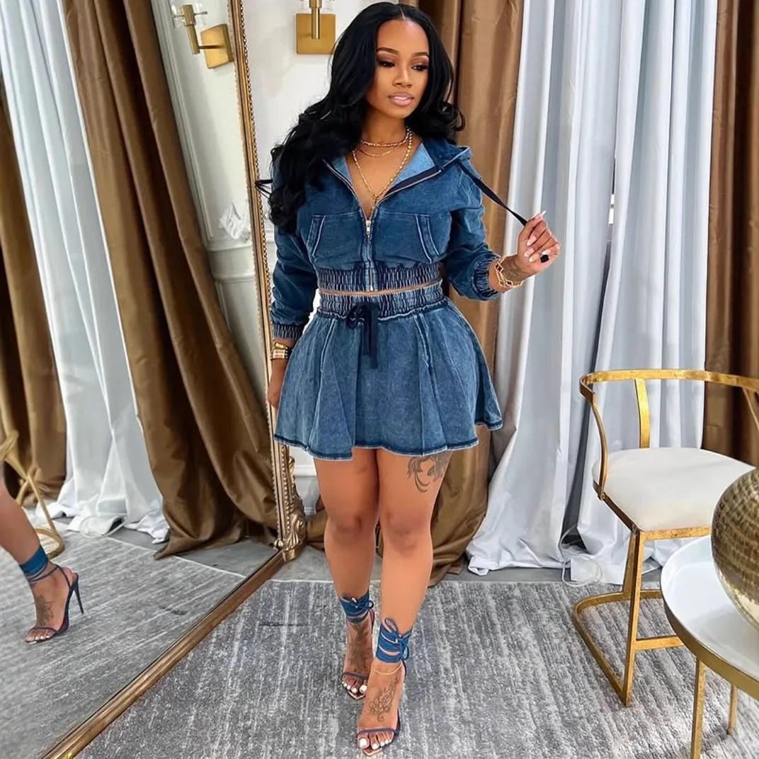 

Women Two Piece Sets Skirt Set Denim Hooded Zipper Full Sleeve Tops Short Skirts A Line High Waist Y2k Streetwear Elegant 2026