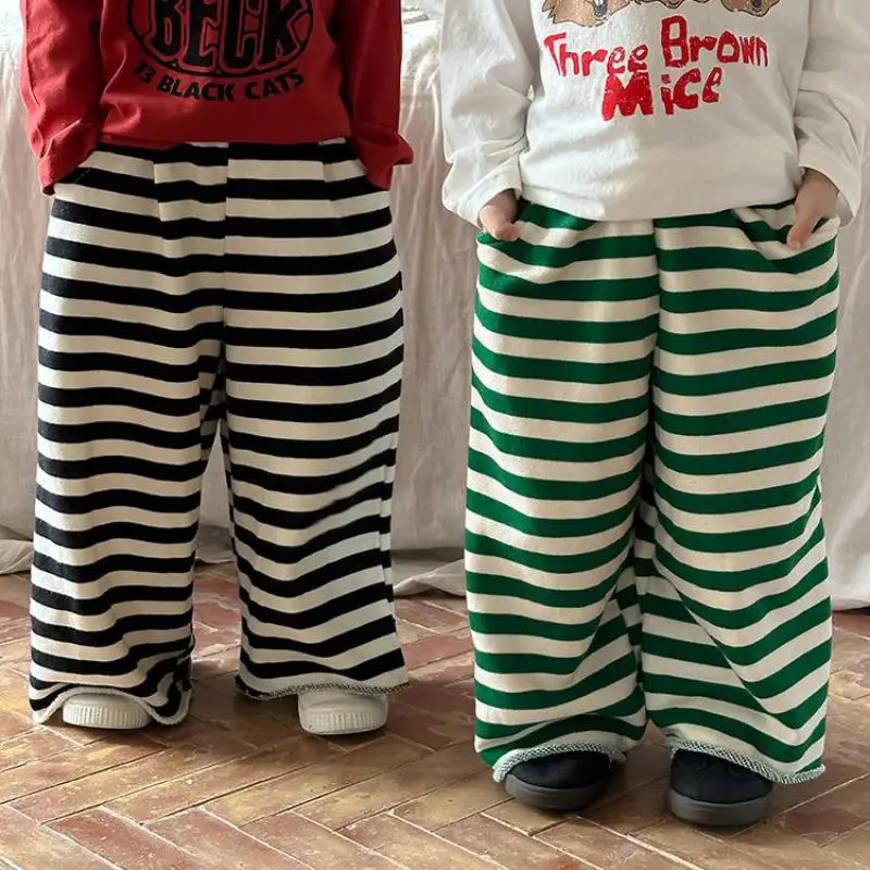 2024 Autumn New Children Trousers Fashion Boys Loose Casual Pants Cotton Versatile Girls Striped Wide Leg Pants Kids Clothes