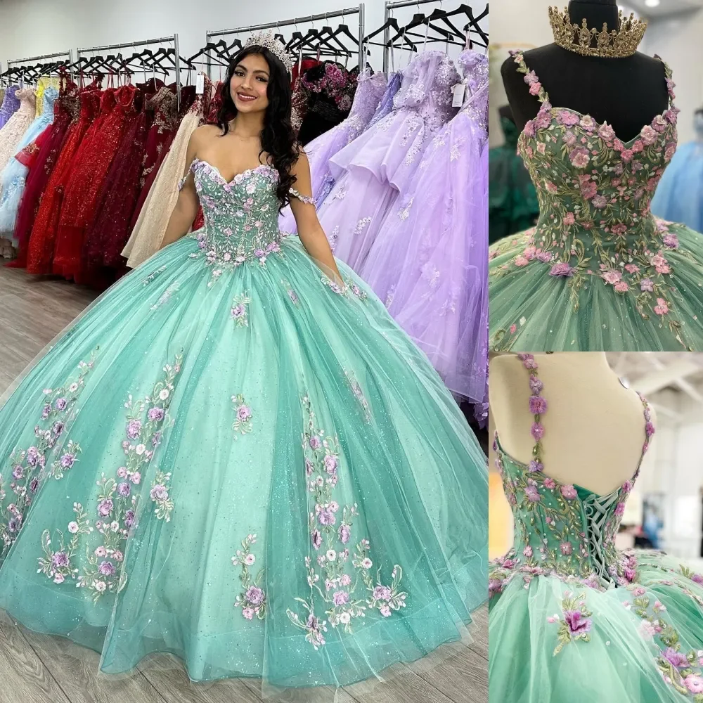 Sage Garden Crystal Beaded Contrasting Floral Embroidered 3D Flowers Quinceanera Gown Charro Mexican Dresses for 15th Girls