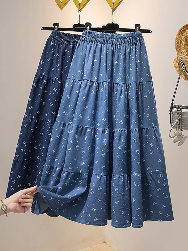 

Ele Floral Print A-Line Skirt High Waist Elastic Waist Summer Denim Skirts Women's Faion Commute Sle Midi Skirts