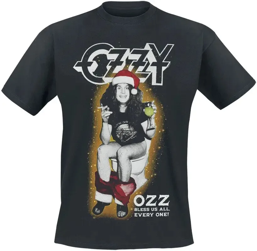 

Ozzy Osbourne Christmas-Themed Graphic T-Shirt: "Ozz Bless Us All, Every One!" Humorous Holiday Design Featuring Festive Attire