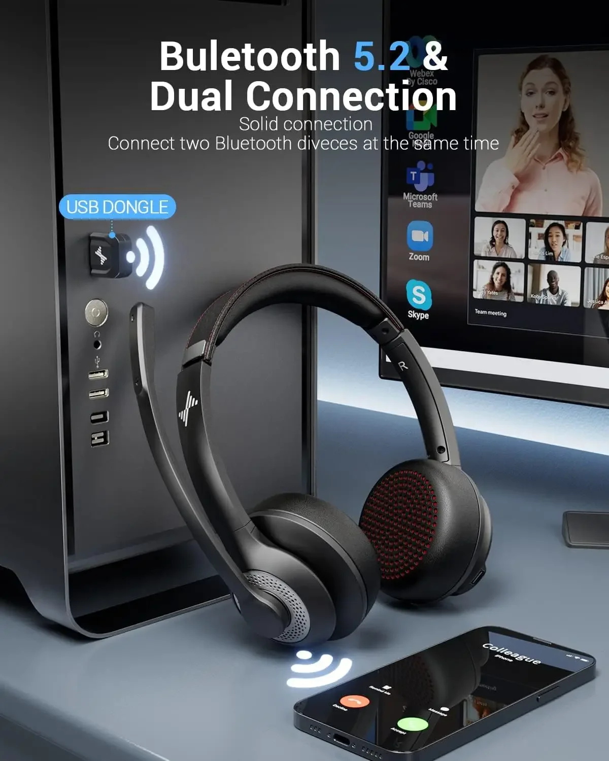 JIAMQISHI EH02P Kabelloses Headset mit Ladestation AI Noise Cancelling Mikrofon Kopfhörer Bluetooth V5.2 mit USB-Dongle – Detail 11