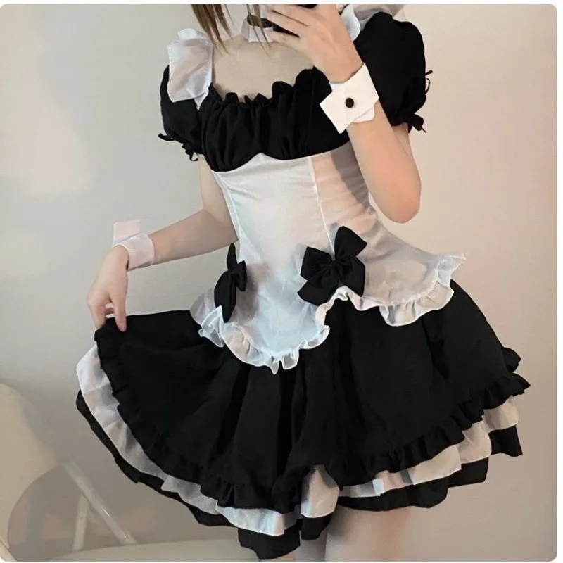 Giapponese Soft Girl Cosplay cameriera 2024 Lolita Pullover collo quadrato fiocco bordo arruffato Sexy semplice ed elegante vestito gonna principessa