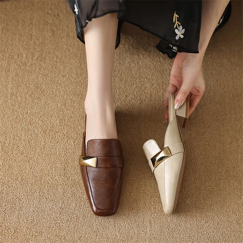 

New Spring/Summer Slippers Split Leather Shoes Square Toe Mules Low Heels Shoes for Women Fashion Retro Chunky Heel Ladies Shoes