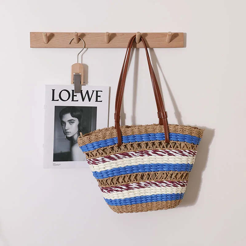 Hollow Woven Straw Bag Bohemian Paper Rope Knitting Shoulder Bag Striped Travel Beach Bags for Women 2023 Shopper Purses Tote