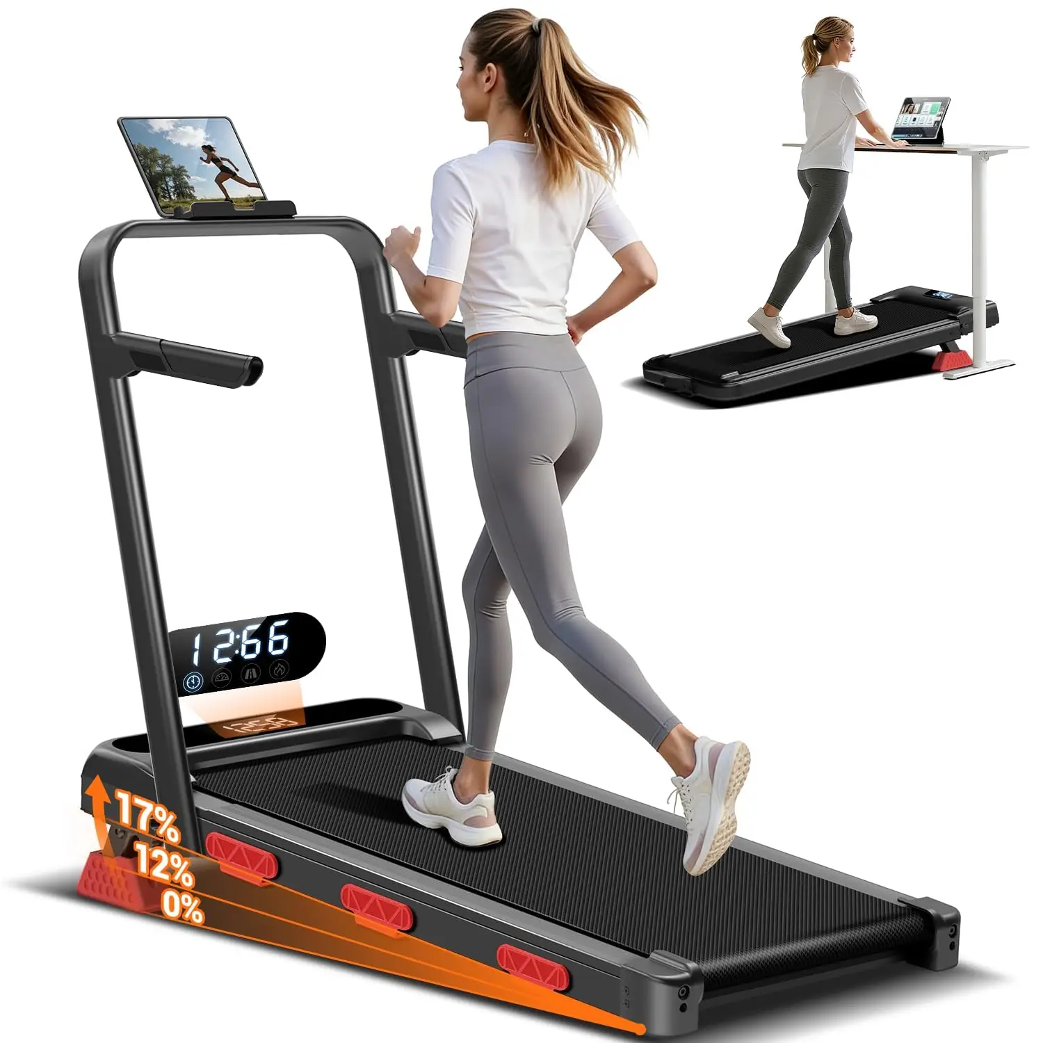17% Incline Walking Pad, 4-in-1 Under Desk Treadmill with Handles, Foldable 2.5 HP Quiet Motor, 300 LBS, 0.6-6.2 MPH, Customized