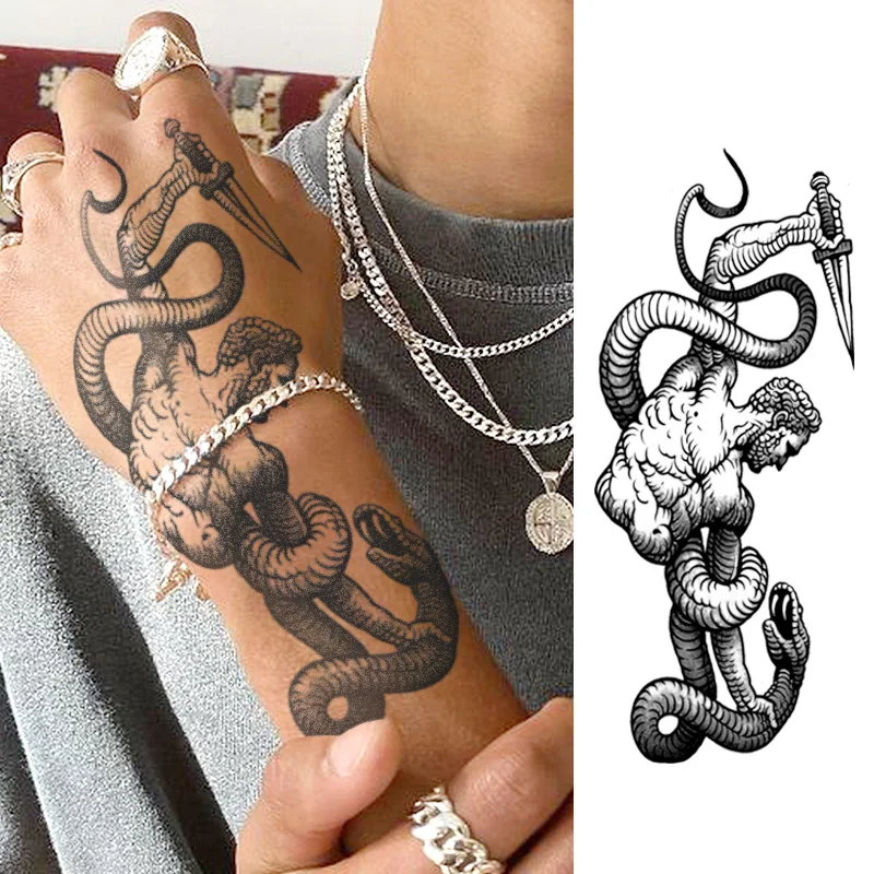 ملصقات وشم عشبية، سيف محارب يقتل الثعبان، وشم رائع للرجال، وشم مؤقت كبير الحجم لليدين والقدمين، مقاوم للماء يدوم طويلاً لمدة 15 يومًا