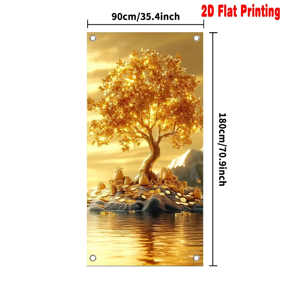 2D Flat 1pc Door Banner Golden Money Tree Island Polyester Use for Holiday Celebrations Event Decoration for Bedroom
