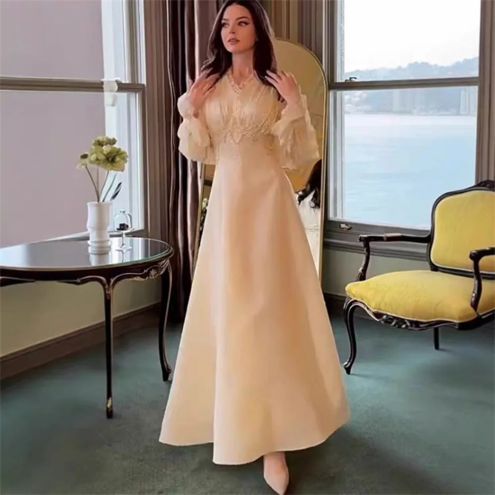 VGH Elegante Fee Jacquard Kanten Jurken voor Vrouwen V-hals Lange Mouw Gesplitst Sheer Mesh Slanke A-lijn Maxi Formele Jurk Vrouwelijke Nieuwe